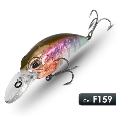 Crankbait lure with olive top, iridescent pink-blue scales, and treble hooks.