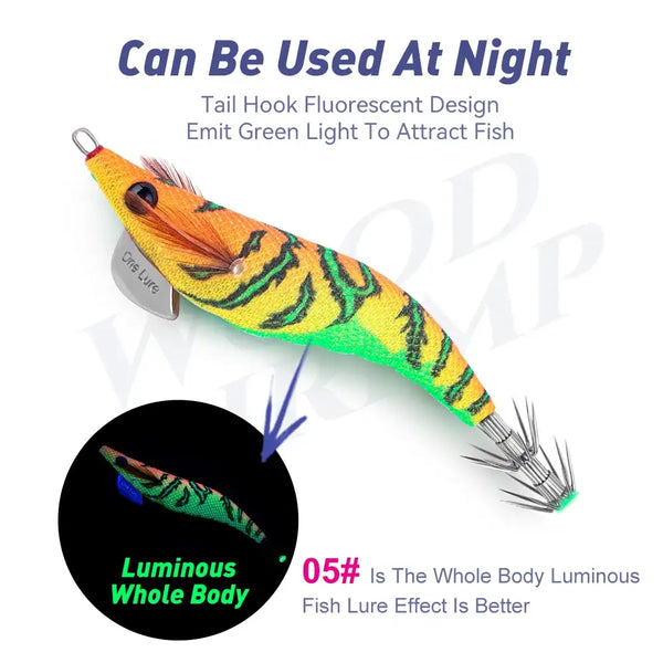 Green and orange squid jig lure with glowing tail pattern, silver hook skirt, ring eye