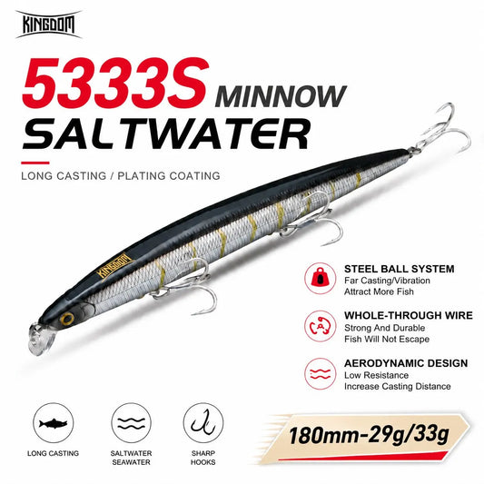 Artificial long-casting swimbait lure, dark body with silver accents and treble hooks