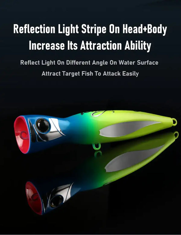 Blue-green popper fishing lure with red mouth and glossy 3D fish eye