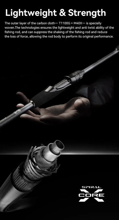 Lightweight graphite spinning rod with black handle, held in a hand
