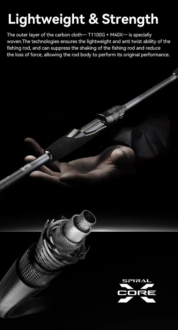 Lightweight graphite spinning rod with black handle, held in a hand