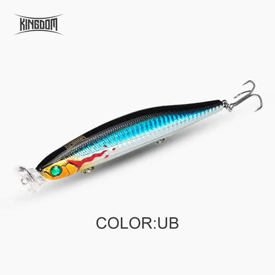 Floating pencil popper lure, blue-silver finish with red accents and treble hook