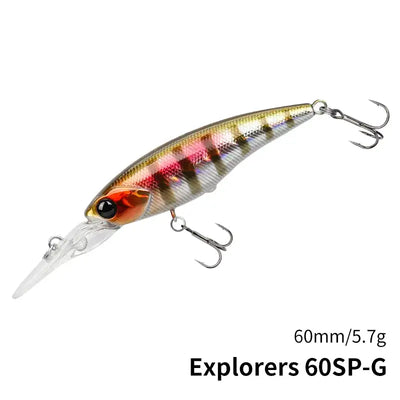 Tsurinoya EXPLORERS 60SP suspending minnow lure with treble hooks, silver with red and gold pattern.