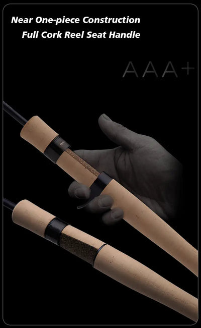 Baitcasting fishing rod with full cork reel seat and near one-piece construction