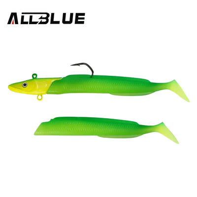 Soft paddle-tail fishing lure, bright green with black hook and glitter finish