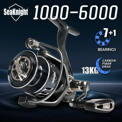 Black and silver SeaKnight SANGE spinning reel with 7+1BB, CNC aluminum spool, asymmetrical rotor, and carbon fiber drag system