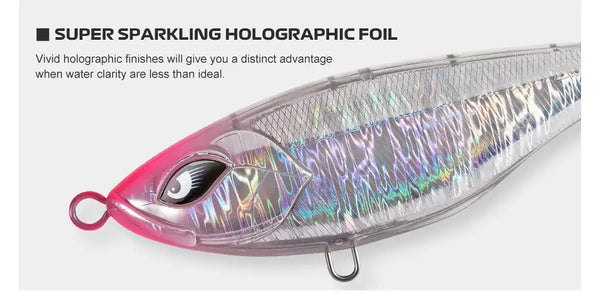 Holographic foil pencil fishing lure in iridescent silver with pink head, treble hook