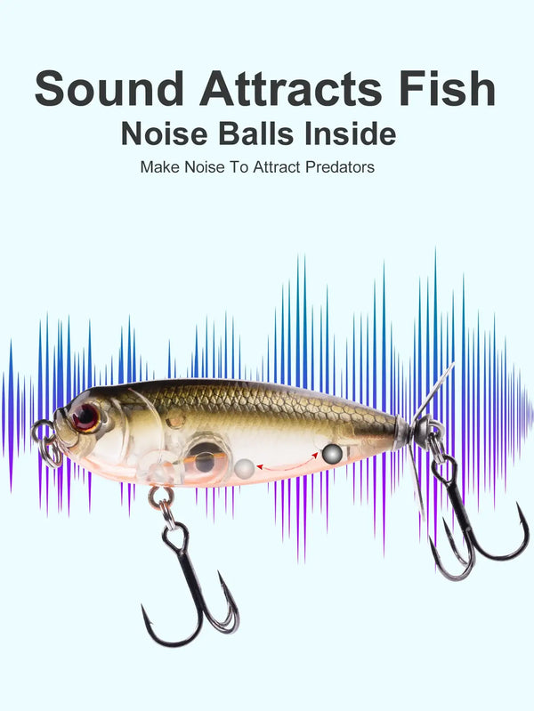 Golden-brown topwater pencil lure with red propeller ring and treble hooks, in splashes