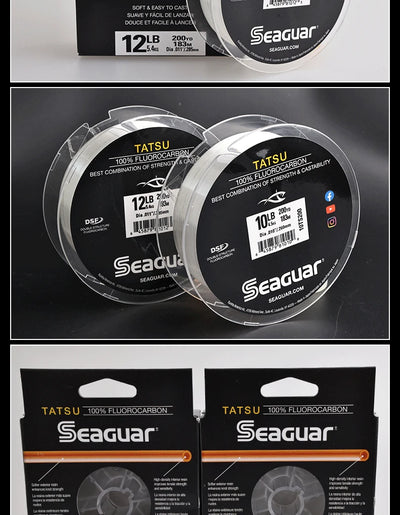 Fluorocarbon fishing line spools with visible 12 lb labels on black packaging