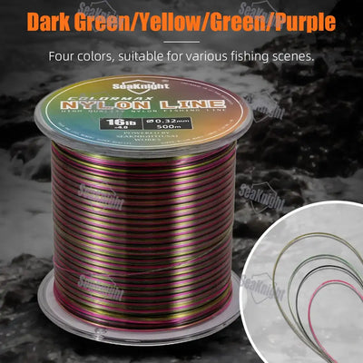 Color-changing multicolor nylon fishing line spool with 16 lb line label