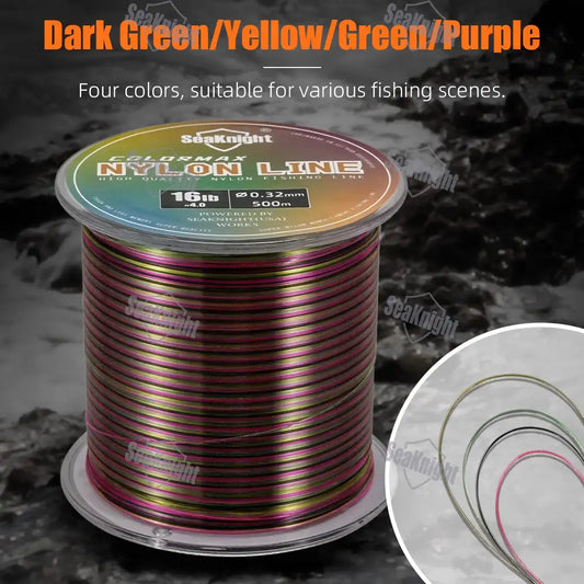 Color-changing multicolor nylon fishing line spool with 16 lb line label