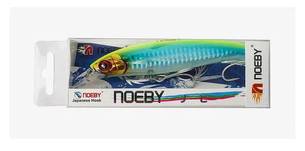 Noeby floating minnow jerkbait retail box with teal-blue lure and treble hooks.