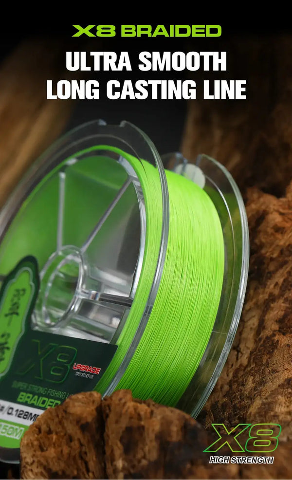 Green X8 braided fishing line on clear spool