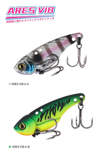 Tsurinoya Ares-A metal VIB fishing lure with vibrant green yellow tiger stripes hard plastic body and 3D clear blue eye