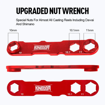Upgraded red nut wrench for casting reels with labeled open-end sizes