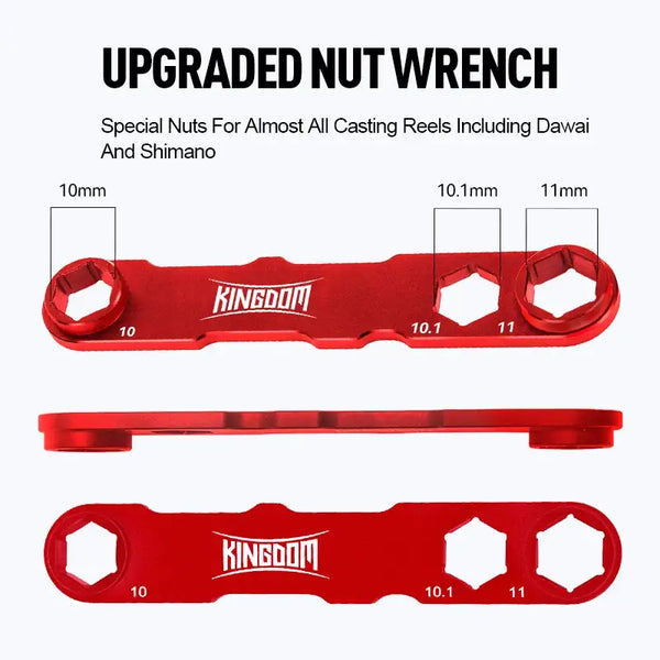 Upgraded red nut wrench for casting reels with labeled open-end sizes