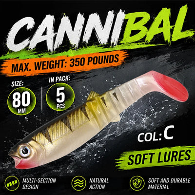 Clear-gold paddle tail swimbait with silver speckles and pink-red tail.