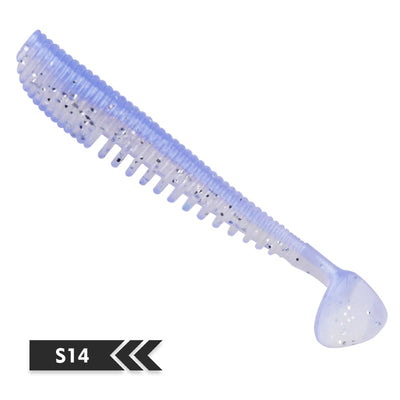 Soft silicone shad fishing lure, light blue translucent with dark speckles, paddle tail