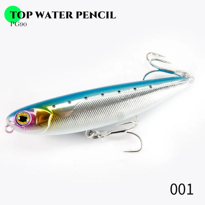 Top water pencil lure, light blue back and white body with treble hooks