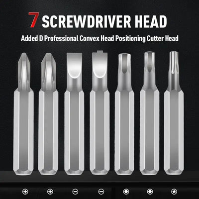 Seven-screwdriver-head set with metal bits in assorted tip shapes