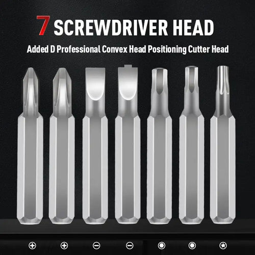 Seven-screwdriver-head set with metal bits in assorted tip shapes
