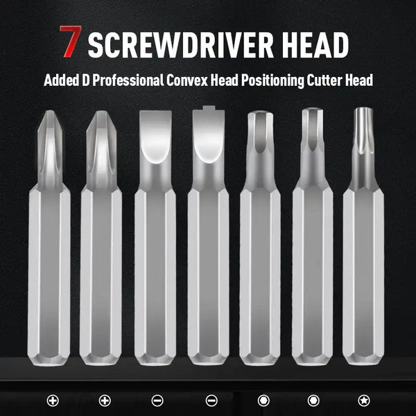Seven-screwdriver-head set with metal bits in assorted tip shapes
