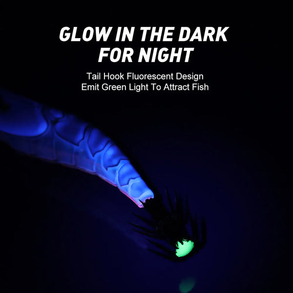 Glow-in-the-dark squid jig lure with blue body and green fluorescent tail hook