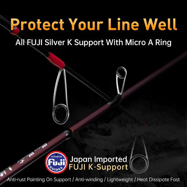 Fishing rod guide ring close-up with Fuji K-support and anti-twist ring design