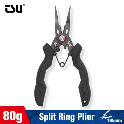 Split ring fishing pliers with black rubber handles and red pivot detail