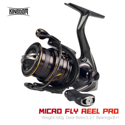 Black spinning fishing reel with gold-accent spool, bail, and folding handle visible
