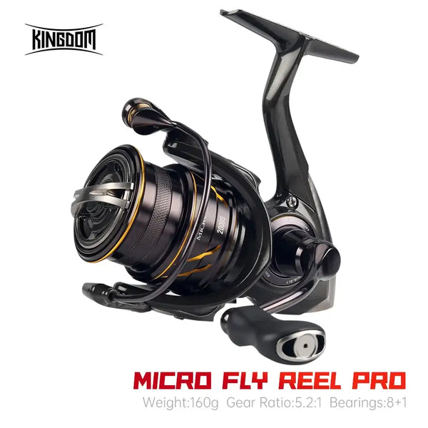 Black spinning fishing reel with gold-accent spool, bail, and folding handle visible