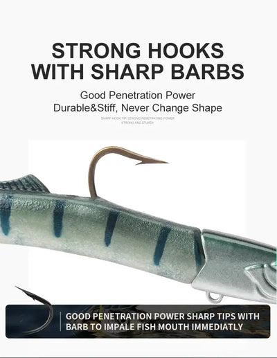 Soft bait fishing lure close-up with sharp hook and teal striped body