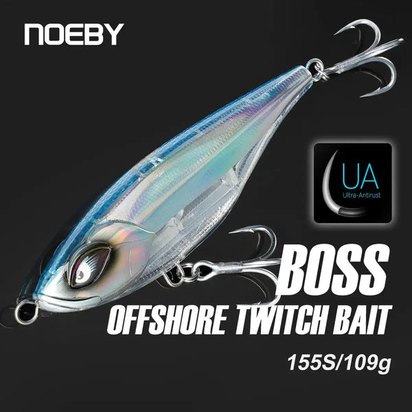 NOEBY offshore twitchbait fishing lure, blue-silver iridescent body with two treble hooks