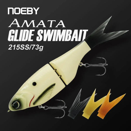 Cream glide swimbait lure with twin hooks and black tail fin, 215mm/73g