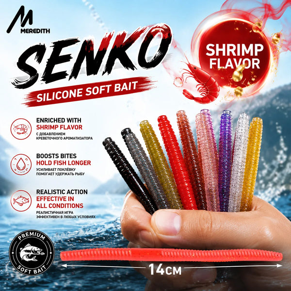 Shrimp-flavored multicolor silicone worm baits held in a hand
