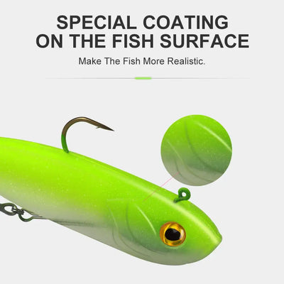 Neon green swimbait lure with detailed fish eye and coated body