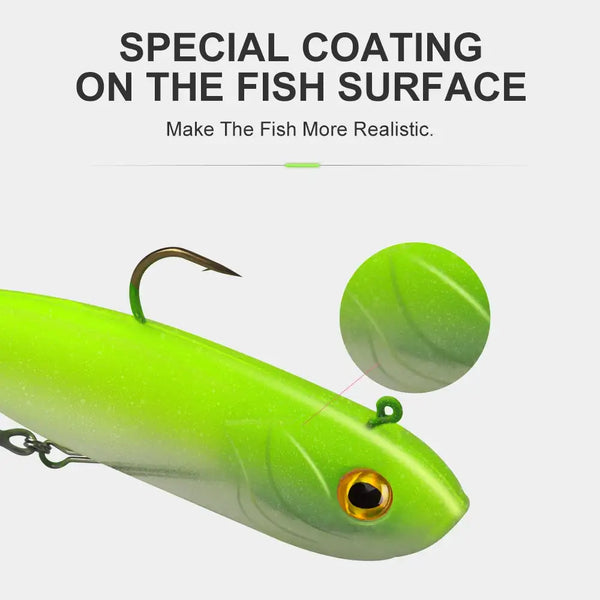 Neon green swimbait lure with detailed fish eye and coated body