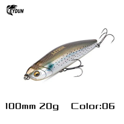 Silver and gold metallic leydun z-claw floating pencil stickbait with black dots for topwater walk-the-dog fishing
