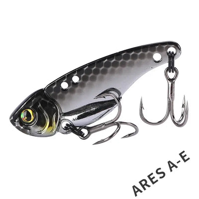Shiny metallic TSURINOYA ARES-A Metal VIB fishing lure with reflective silver body, detailed fish head, and treble hooks