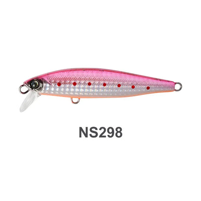 Pink and white sinking minnow lure with red dots, front eye and treble hooks