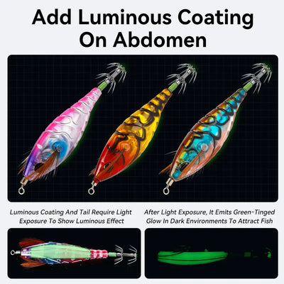 Three luminous EGI squid jigs with glowing abdomen coating and double-layer hooks