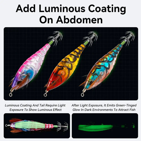 Three luminous EGI squid jigs with glowing abdomen coating and double-layer hooks