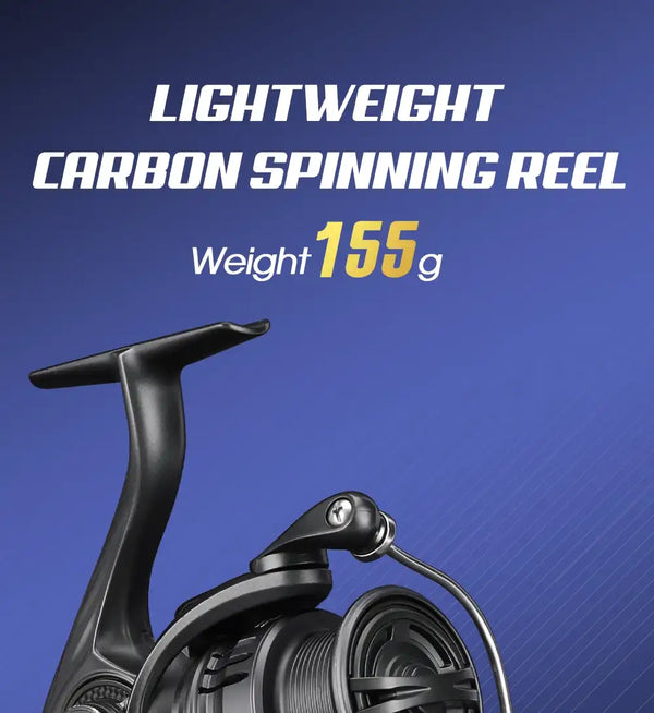 Lightweight black spinning reel with long handle and front spool