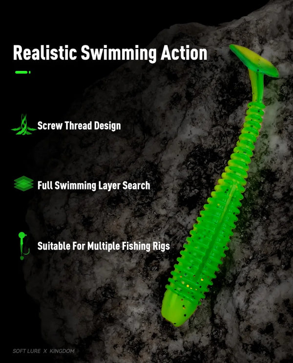 Neon green screw thread T-tail soft plastic fishing lure on dark rocky surface