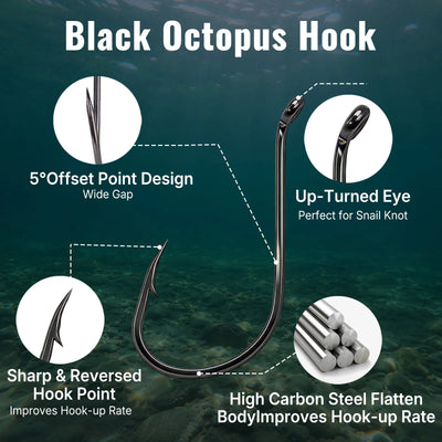 Black octopus fishing hooks with 5-degree offset and wide gap, up-turned eye
