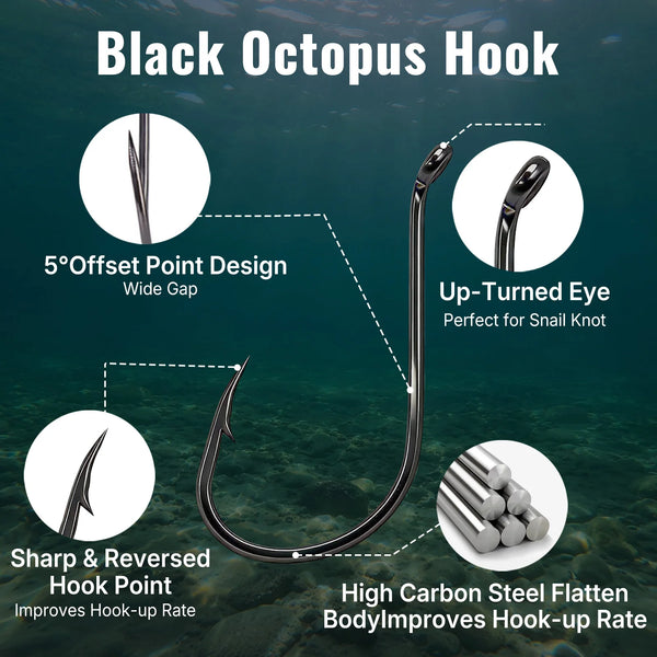 Black octopus fishing hooks with 5-degree offset and wide gap, up-turned eye