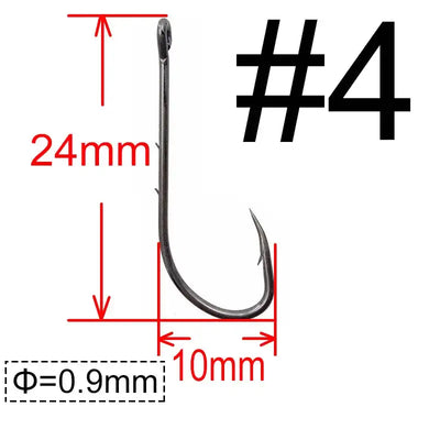 Long-shank baitholder hook size #4, dark metal, size diagram