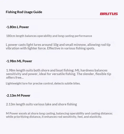 Fishing rod power guide: 1.8M L, 1.98M ML, 2.13M M for casting performance