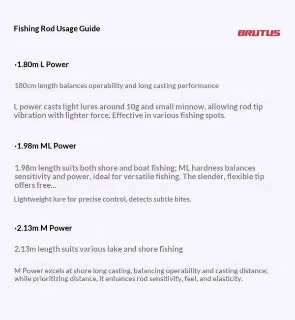 Fishing rod power guide: 1.8M L, 1.98M ML, 2.13M M for casting performance